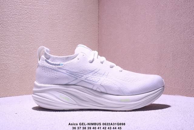 公司级Asics 亚瑟士Gel-Nimbus 26稳定跑鞋鞋面采用双层提花网面设计，提高包裹性和透气性，后跟搭载稳定系统科技T-Gel提升整体支撑力和结构感，减