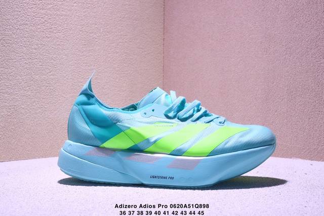 公司级Adidas Adizero Adios Pro 4M 马拉松飞线贾卡轻质透气休闲运动跑步鞋 采用双层透气网纱 Flywire动态飞线绑缚鞋面材质 内置Z
