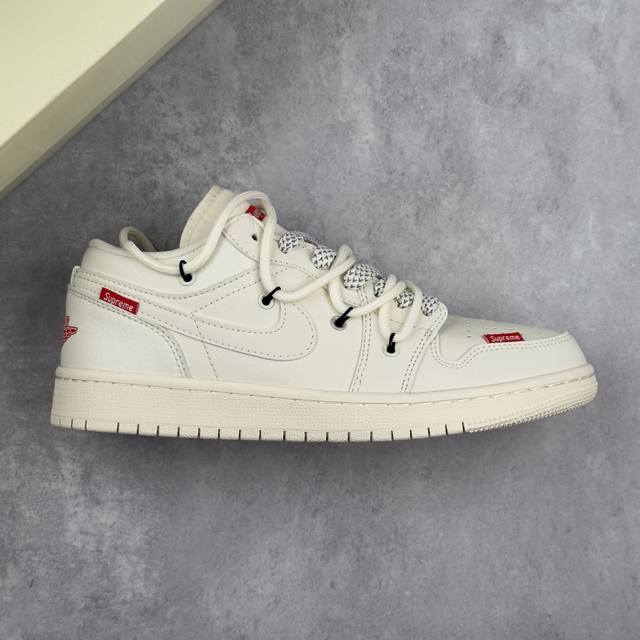 特价本地 核心私 Air Jordan 1 Low Aj1 乔1 Supreme联名-米白红小标 高端定制 绑带低帮休闲运动板鞋 #定制鞋盒 大厂纯原品质出货