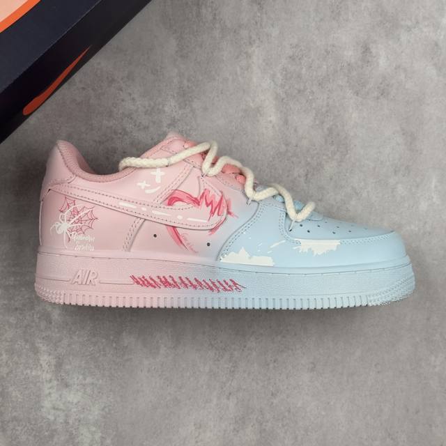 本地 核心私 Nike Air Force 1'07 Low Purple Butterfly 手绘涂鸦 粉蓝蛛心 空军一号低帮休闲运动板鞋 #粉蓝蛛心，宛如冷