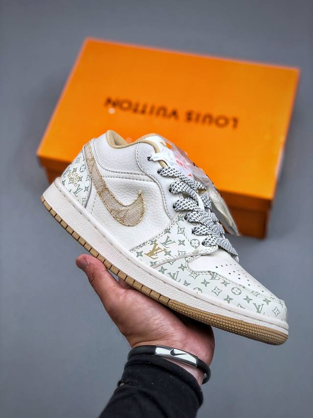 6.18福利特价 Nike Jordan Air Jordan 1“Lv联名 牛仔卡其” 高端定制 低帮 复古 减震 防滑 耐磨 篮球鞋 定制鞋盒 大厂纯原品质