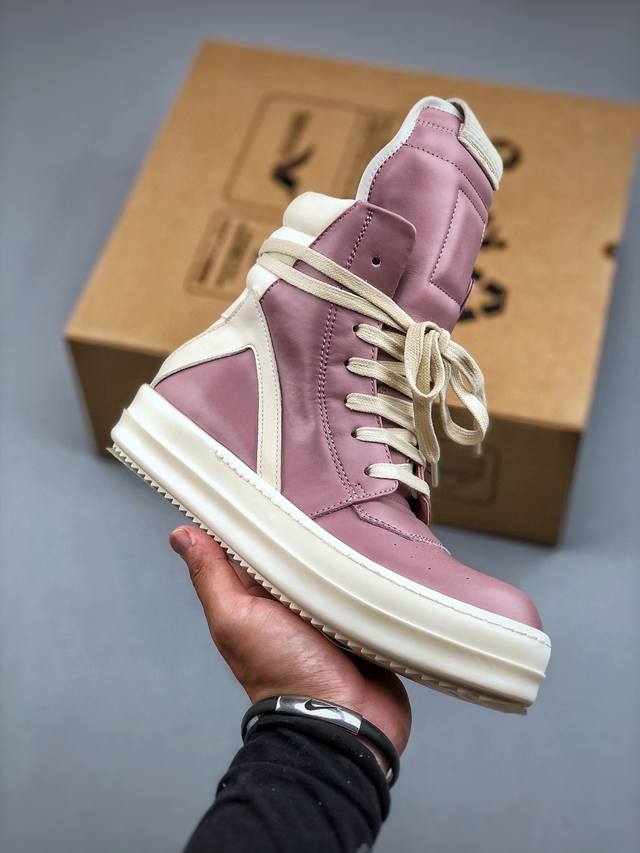 莞产G版 Ro Rick Owens 瑞克 欧文斯 主线 款式 倒三角 全新色“樱花粉”配色！ 皮料 东莞原厂进口全新2025年新材质“摔纹粒面小牛皮” 鞋带