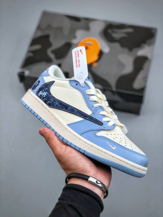 Travis Scott X Nike Air Jordan 1 Low Bape联名款 白蓝勾猿人头 大厂出品 极力推荐 原装头层材料 独家版型蒸餾加工帶來的