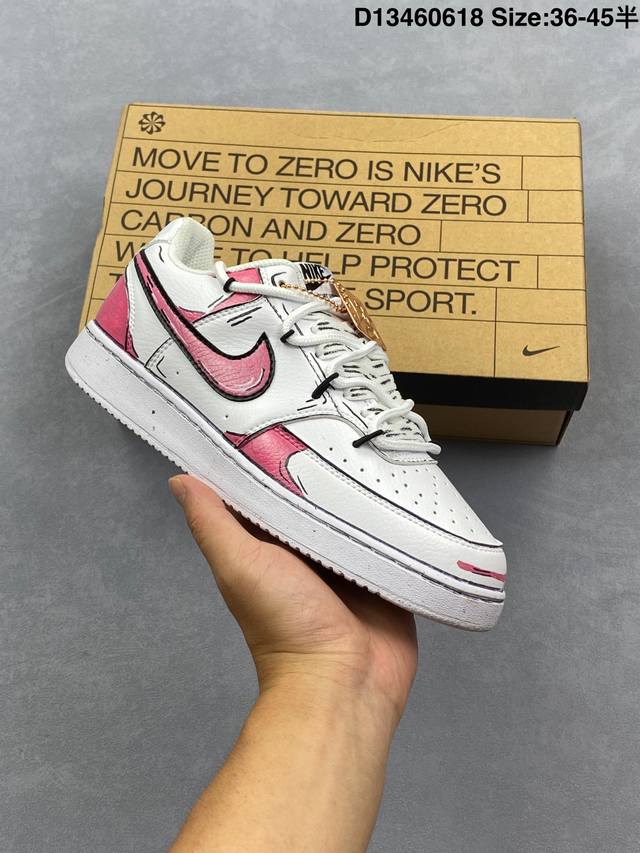 公司级Nike Court Vision Lo ‘Diy’定制 低帮百搭 透气休闲运动板鞋 兼顾舒适脚感和出众风范 演绎匠心之作 结构性的支撑贴合感结合复古篮球
