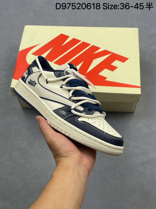 公司级Nike Air Jordan 1 X Travis Scott Aj1倒勾 乔一倒钩 ‘Diy’定制 耐克 低帮文化篮球鞋 完美品质出货 细节如图所示
