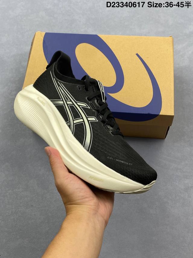公司级Asics Gel-Nimbus 27 舒适防滑耐磨低帮休闲跑步鞋 鞋底采用了轻质发泡材料 并在后跟和前掌处采用了Asics亚瑟士核心科技-Gel缓震胶