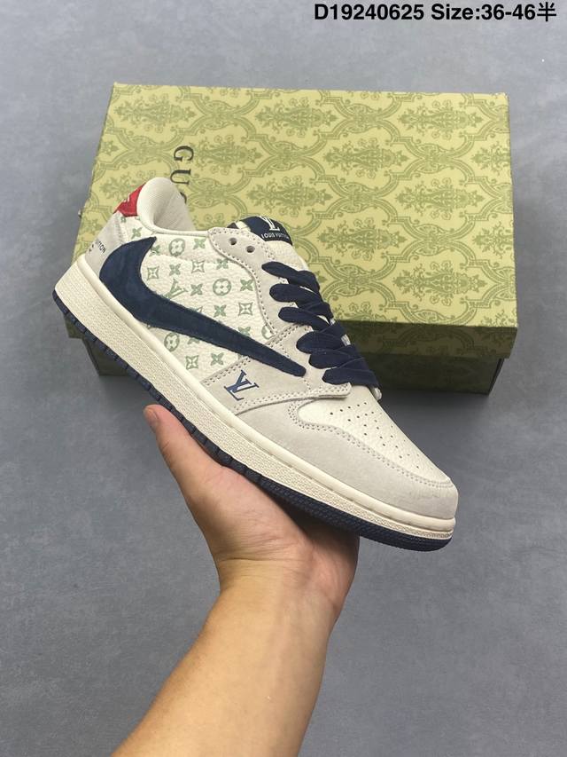 Louis Vuitton X Travis Scott X Air Jordan 1 Low 路易威登Lv X Aj1 低帮 灰白棕倒勾联名 Aj1 乔丹1代