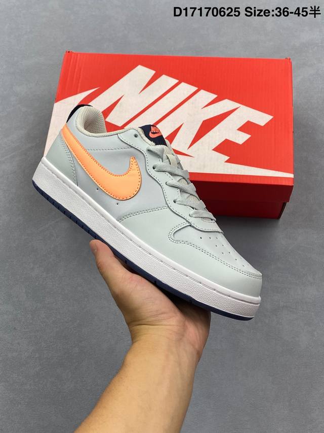 耐克 Nike 男女子运动鞋 Court Borough Low 小空军低帮板鞋。1.其皮革材质的鞋面结合网眼鞋舌，在出众外观与质感的同时提供稳固支撑，并且提升