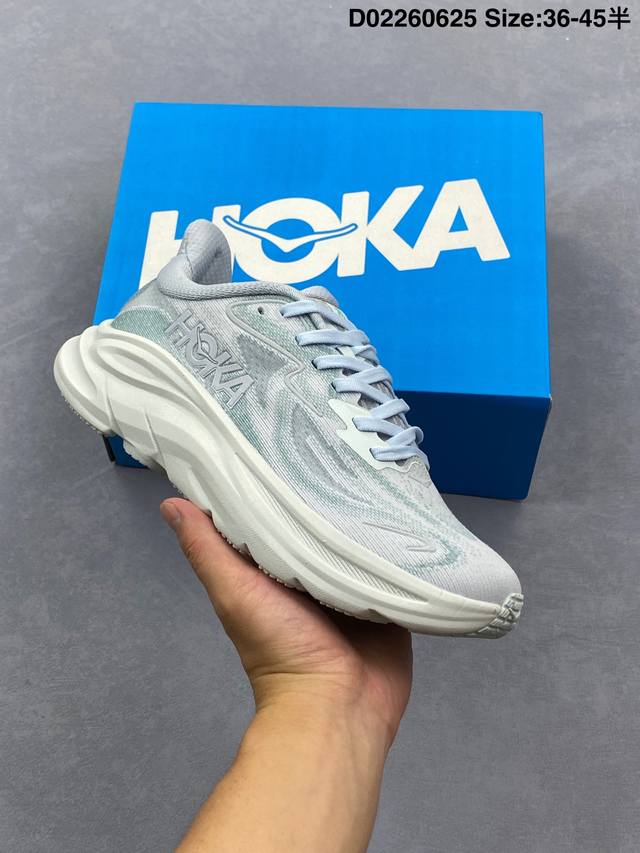 公司级Hoka M Clifton 10 轻量低帮户外越野跑鞋 户外山脉越野轻量运动跑鞋 鞋面用轻的无缝架构 鞋带用了弹性不易松脱的扁宽弹性鞋带 轻薄的Tpu贴