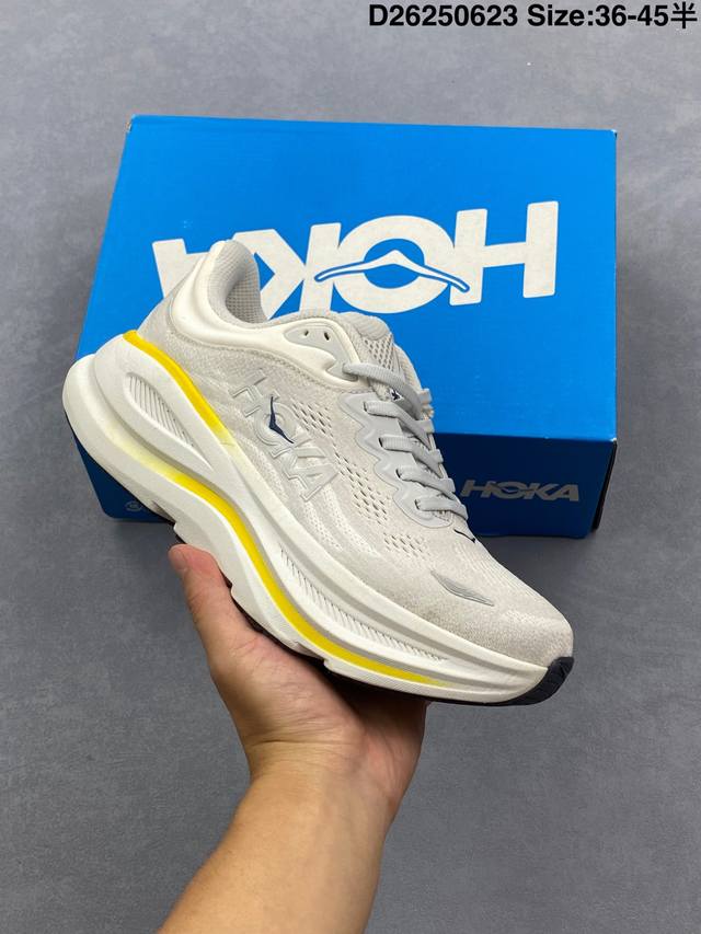 公司级 Hoka One One Bondi 9 邦代9代 低帮 白黄色 男女同款 防滑耐磨低邦跑步鞋 始终致力于为所有跑者提供更新、更好的跑步装备。相比常规跑