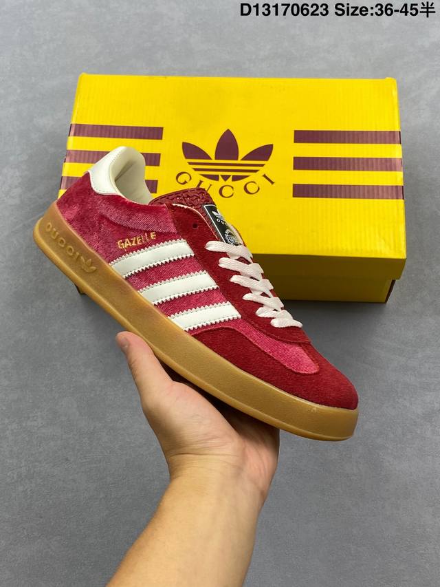 Adidas 阿迪达斯 ，男女鞋采用翻毛皮与天鹅绒布鞋面材质，皮革内里贴缓震Pu乳胶脚垫，外置耐磨大底 “复古运动”最新跨界联名，意大利奢侈品牌-古驰Gucci