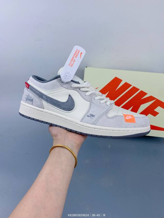 Nike Jordan Air Jordan 1“斯图西联名 红标米灰猪八” 高端定制 低帮 复古 减震 防滑 耐磨 篮球鞋 定制鞋盒 大厂纯原品质出货 超高清