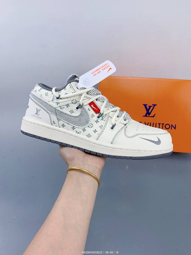 Nike Jordan Air Jordan 1“Lv联名 灰布勾抽绳” 高端定制 低帮 复古 减震 防滑 耐磨 篮球鞋 定制鞋盒 大厂纯原品质出货 超高清洁度