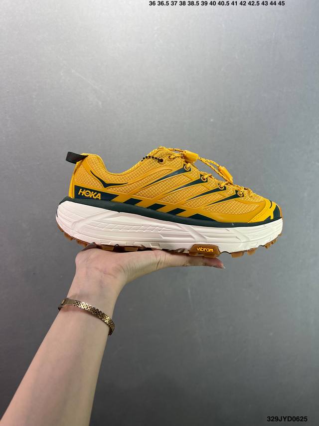 公司级Hoka One One Mafate Three2 全新配色创立于 9年，始终致力于为所有跑者提供更新、更好的跑步 装备。相比常规跑鞋，Hoka One
