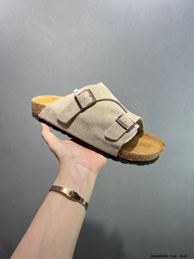 博肯 Birkenstock 三字拖鞋 广东原产#德国百年知名鞋履品牌 博肯Birkenstock 勃肯#采用质地柔软牛皮绒面材质#中底搭载缓震软木橡胶 其特有