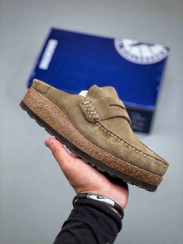 乐福勃肯木鞋底 博肯Birkenstock Naples Wrapped穆勒系列包头乐福牛皮绒面革复古软木底休闲拖鞋 时下大火的老钱风，乐福式设计鞋头增加了优雅