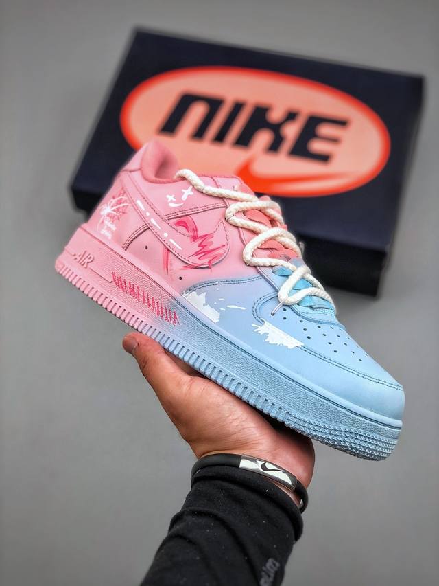 Nike Air Force 1'07 Low Purple Butterfly 手绘涂鸦 粉蓝蛛心 空军一号低帮休闲运动板鞋 Qx2032-707 #粉蓝蛛心