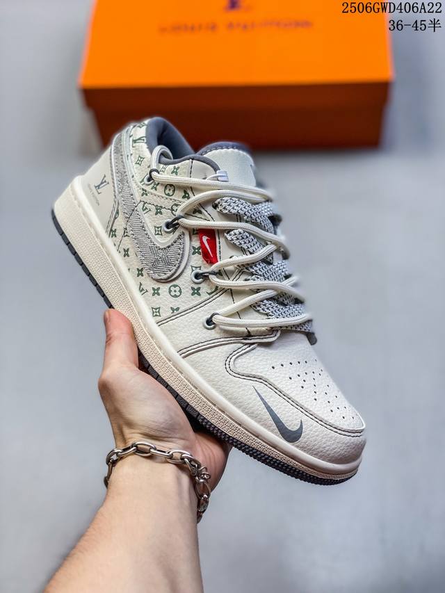 海外爆款限量发售！Nike Jordan Air Jordan 1“Lv联名 灰布勾抽绳” 高端定制 低帮 复古 减震 防滑 耐磨 篮球鞋 定制鞋盒 大厂纯原品