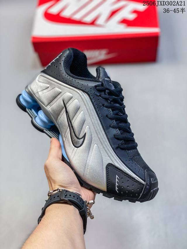 公司级Nike Shox R4 高科技专利气柱弹簧跑步鞋 黑蓝银 子弹 尺码：见图 编码：06Jxd302A21