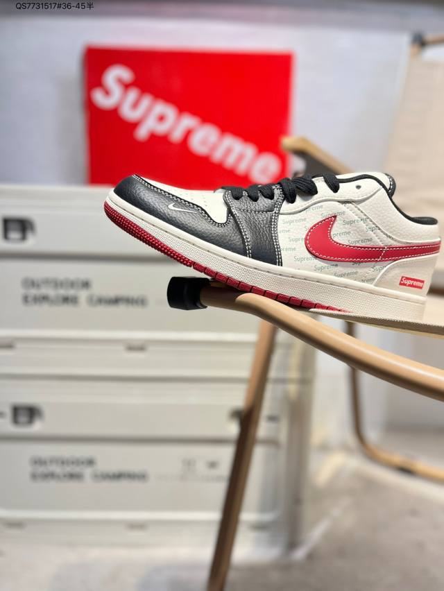 公司级头层皮# Supreme X 乔丹Air Jordan 1 Low Aj1低帮系列篮球鞋 官方同步配色 原装级产物 #拒绝公底 立体鞋型 细节完美 高清洁