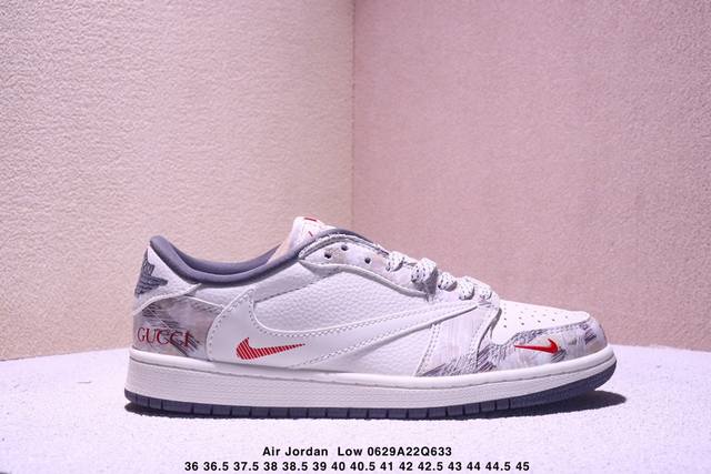 公司级 时尚元素X Jordan Air Jordan Low 倒勾 “古驰联名''，米白主调搭配独特纹理，融合了Travis Scott 独特的潮流风格，个性