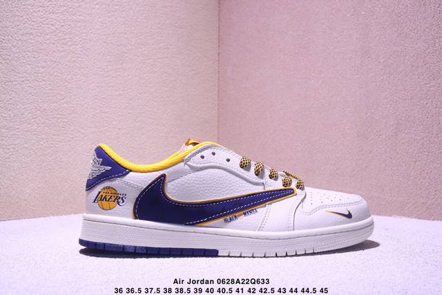 公司级 时尚元素X Jordan Air Jordan Low 倒勾 “白黄蓝勾 洛杉矶湖人队黑曼巴''，合作融合了Travis Scott 独特的潮流风格，个