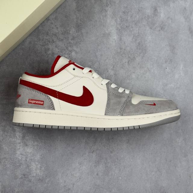 本地 核心私 Air Jordan 1 Low Aj1 乔1 Supreme联名-白灰红勾 高端定制 低帮复古篮球鞋 #定制鞋盒 大厂纯原品质出货 超高清洁度