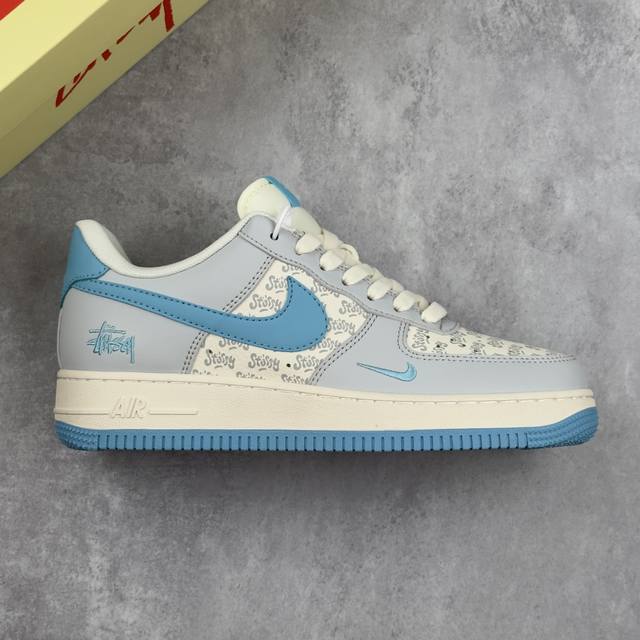 本地 核心私 Nike Air Force 1'07 Low 斯图西联名 荧光蓝印花 空军一号低帮休闲板鞋 #原楦头原纸板 原装鞋盒 定制五金配件 内置全掌气垫