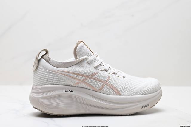 公司级Asics Gel-Nimbus 27 舒适防滑耐磨低帮休闲跑步鞋 鞋底采用了轻质发泡材料 并在后跟和前掌处采用了Asics亚瑟士核心科技-Gel缓震胶