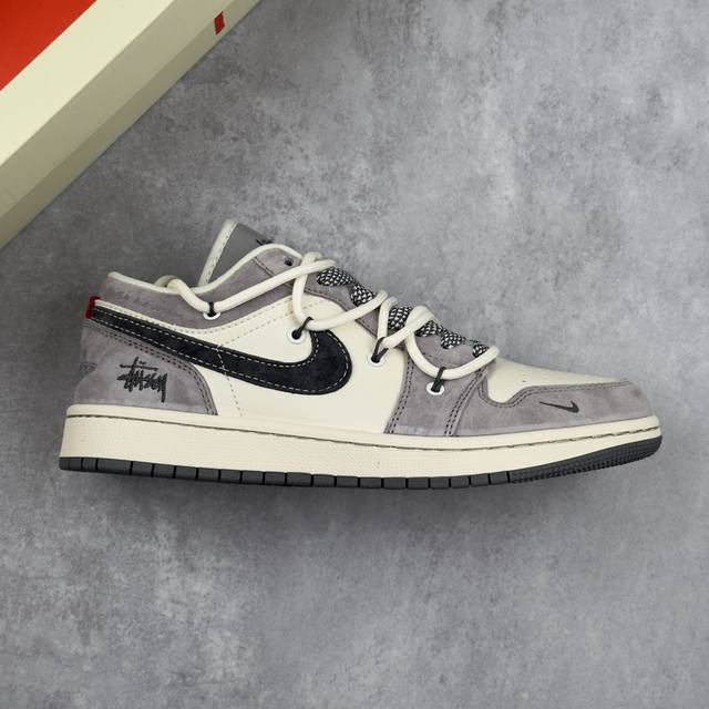 本地 核心私 Air Jordan 1 Low Aj1 乔1 斯图西联名-猪八灰 高端定制 低帮复古篮球鞋 #定制鞋盒 大厂纯原品质出货 超高清洁度 皮料切割干