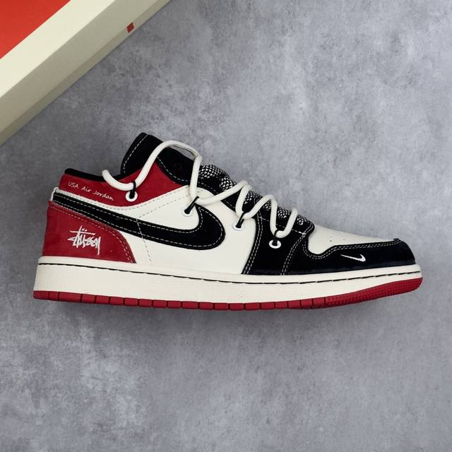 本地 核心私 Air Jordan 1 Low Aj1 乔1 斯图西联名-黑红抽绳 高端定制 低帮复古篮球鞋 #定制鞋盒 大厂纯原品质出货 超高清洁度 皮料切割