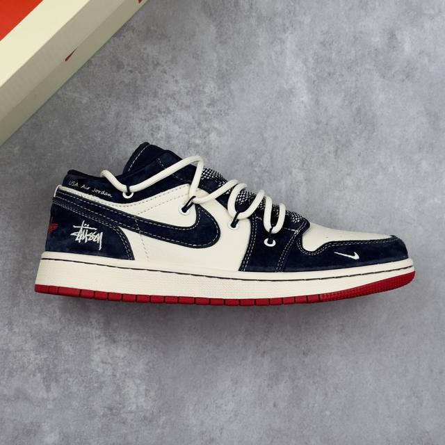 本地 核心私 Air Jordan 1 Low Aj1 乔1 斯图西联名-蓝红抽绳 高端定制 低帮复古篮球鞋 #定制鞋盒 大厂纯原品质出货 超高清洁度 皮料切割