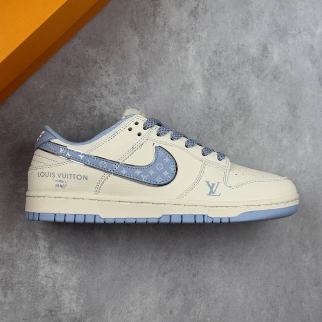 本地 核心私 Louis Vuitton X Nike Dunk Sb Low 路易威登Lv X 耐克 Sb 低帮 米白蓝 休闲运动板鞋 鞋身整体以米白色皮革打