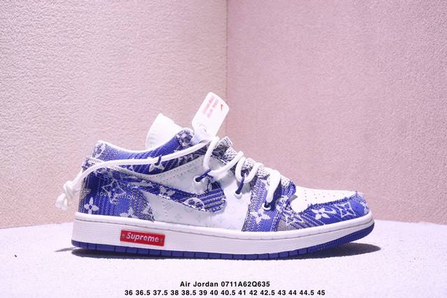海外爆款限量发售！Nike Jordan Air Jordan 1“Lv联名 蓝花布抽绳” 高端定制 低帮 复古 减震 防滑 耐磨 篮球鞋 定制鞋盒 大厂纯原品