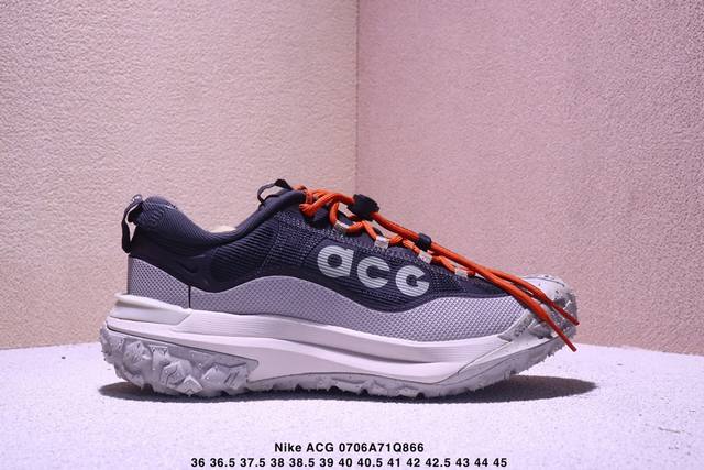 Nike Acg Mountain Fly 2 Low 低帮版本的Mountain Fly 全新来袭。该鞋款沿袭前代高帮型的设计传统，轻盈鞋面结合灵巧的脚趾包裹