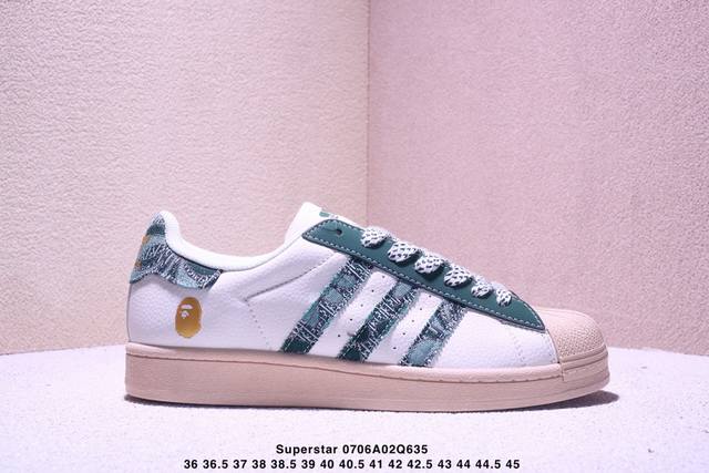 海外爆款限量发售！高端定制 阿迪达斯Adidas三叶草&Gucci Originals Superstar贝壳头系列“Bape猿人头联名 白绿”低帮经典百搭休闲