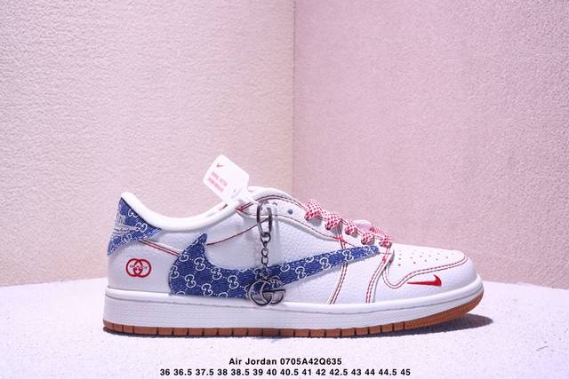 高端定制 Travis Scott X Jordan 1 Low 古驰联名-红线牛仔 倒勾低帮休闲版本 原厂全头层皮 大厂纯原品质出货 纯正版型 定制鞋盒 皮料