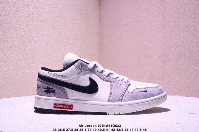 Nike Jordan Air Jordan 1“斯图西联名 灰黑红标双拼” 高端定制 低帮 复古 减震 防滑 耐磨 篮球鞋 定制鞋盒 大厂纯原品质出货 超高清