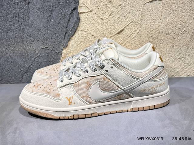 新品上市实拍 Nike Air Dunk Low 1“Lv联名 白黑金标 采用国际最流行缝线工艺，金色Lv标高端大气 今年最流行配色搭配，海外潮流爆款 低帮 复