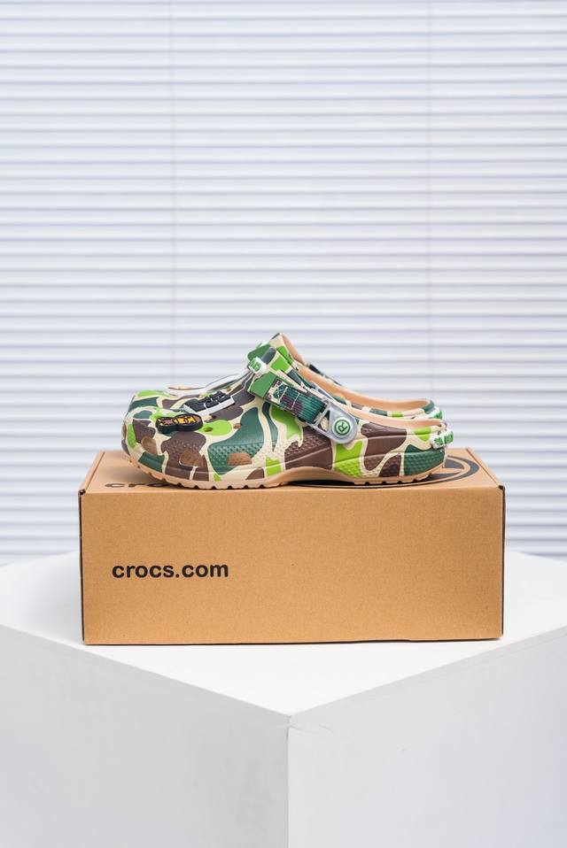 核心私 Bape X Crocs Classic Clog卡骆驰 Classic Clog 迷彩印花 舒适百搭 洞洞鞋 猿人头联名 尺码：36 37 38 39