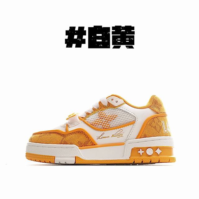 Lv儿童时尚系带魔术贴板鞋 受复古篮球鞋的启发，Virgil Abloh 为 L V此次取材字母组合压纹小牛皮。作为鞋收集的图标的个性发光。由会标牛仔布和魔术贴