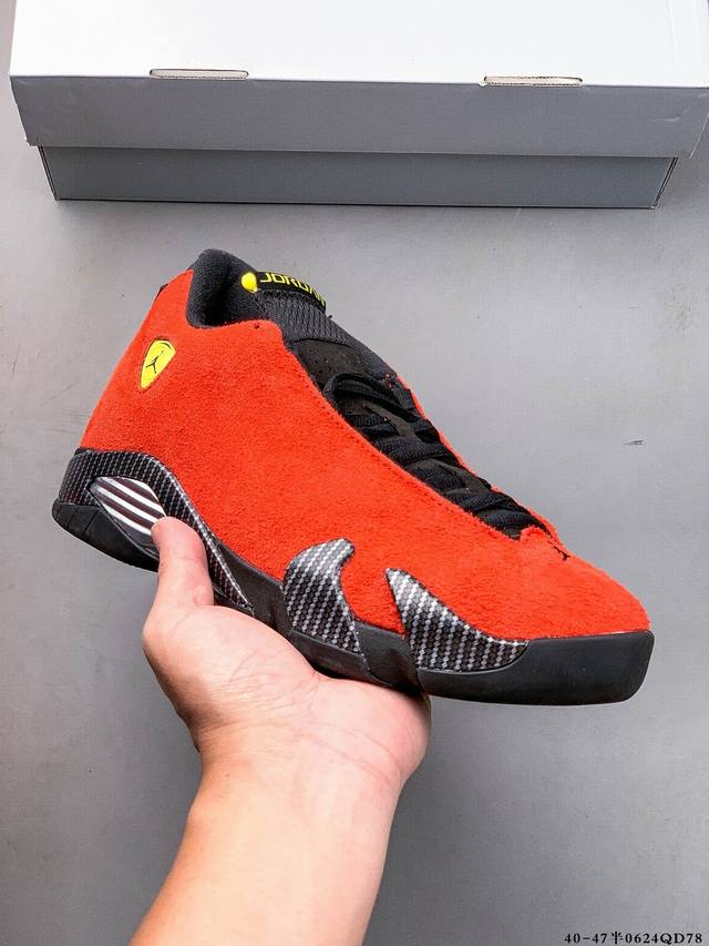 纯原版本！Air Jordan 14 Retro Ferrari 法拉利红 Aj14 乔丹14代 低邦男女同款 乔丹篮球鞋系列 整双鞋采用红色麂皮为主，黑色点缀