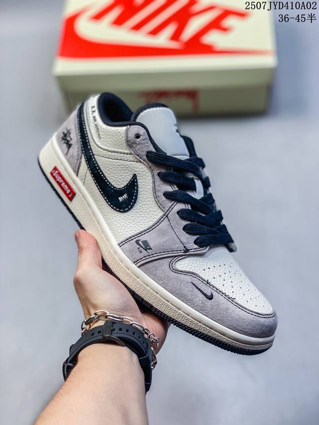 Nike Jordan Air Jordan 1“斯图西联名 灰黑红标双拼” 高端定制 低帮 复古 减震 防滑 耐磨 篮球鞋 定制鞋盒 大厂纯原品质出货 超高清
