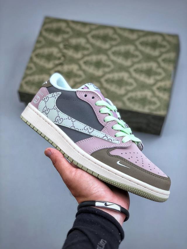 F版 Travis Scott X Nike Air Jordan 1 Low X Gucci Air Jordan 1 Low 反转棕紫小勾倒钩 纯原版本全鞋
