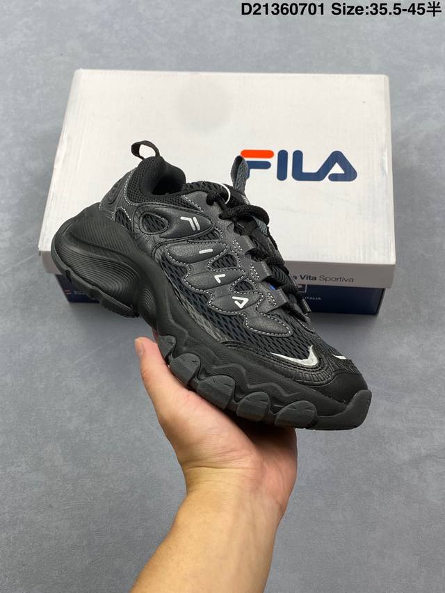 斐乐Fila Fashion Fern 低帮复古老爹风潮流休闲运动慢跑鞋，采用翻毛皮组合网织布鞋面材质#独立Eva中底+Md齿纹花橡胶耐磨防滑外底秋冬新品,意式