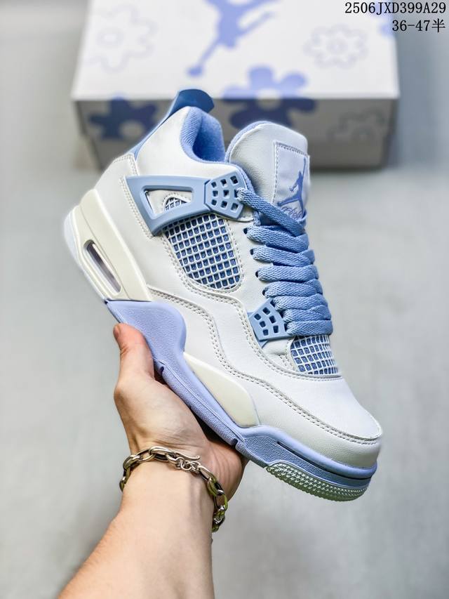 真标带半码 Jordan Air Jordan 4 “Aluminum”舒适百搭 防滑耐磨 低帮 复古篮球鞋 女款 白蓝色 尺码：见图 编码：06Jxd399A