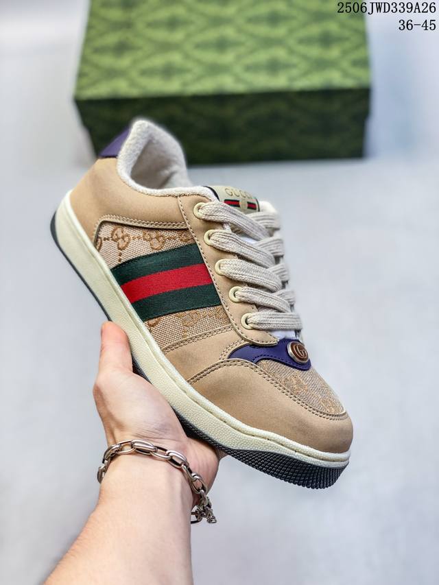 公司级Gucci Distressed Screener Sneaker 古驰小脏鞋系列 官方同步 绿盒版本 海淘代购指定专供经典原型复古百搭做旧小脏板鞋复古学