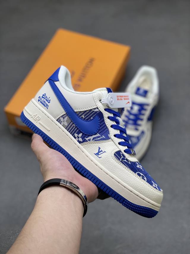 海外限量发售！公司级Nike Air Force 1 '07 Low “Lv联名 花布蓝勾”空军一号 低帮 运动鞋 休闲鞋 折边针车 工艺难度大 原楦头原纸板