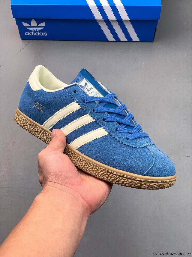 阿迪达斯Adidas Stadt经典麂皮薄底运动板鞋 T头鞋 皮革和绒面革经典运动鞋以典藏足球鞋为灵感这款Stadt经典运动鞋植根足球传统，以别致皮革鞋面和绒面