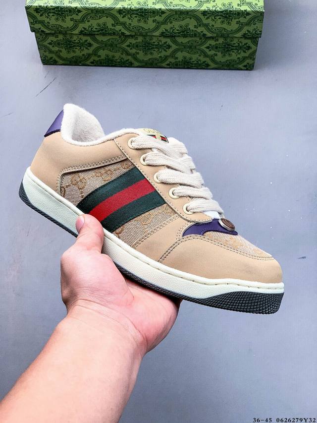 集图 Gucci Distressed Screener Sneaker 古驰小脏鞋系列 官方同步 经典原型复古百搭做旧小脏板鞋复古学院风 怀旧版 062627